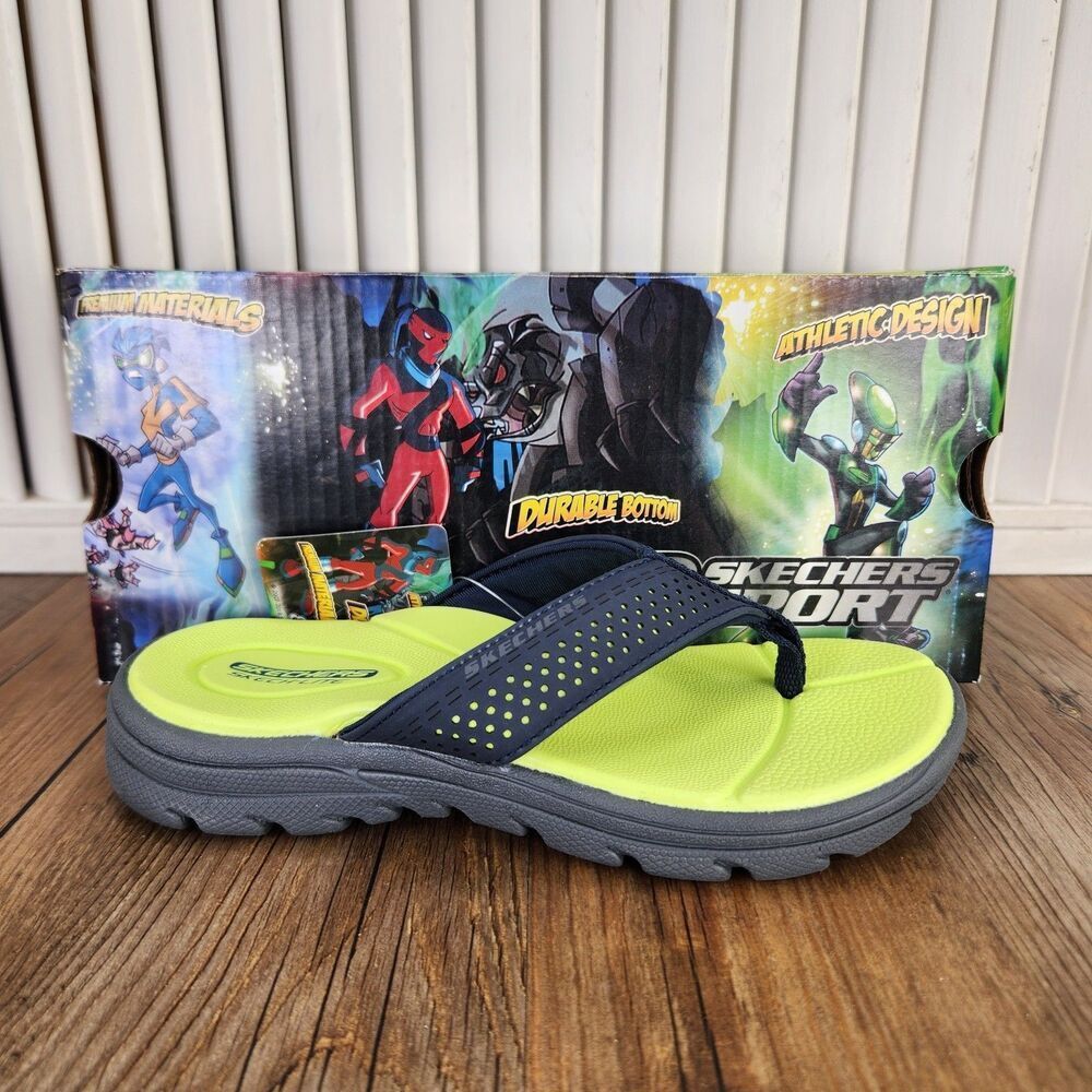 Skechers Sport Supreme Pool Days Flip Flops Boys Sz 12 Navy Green Beach Sandals